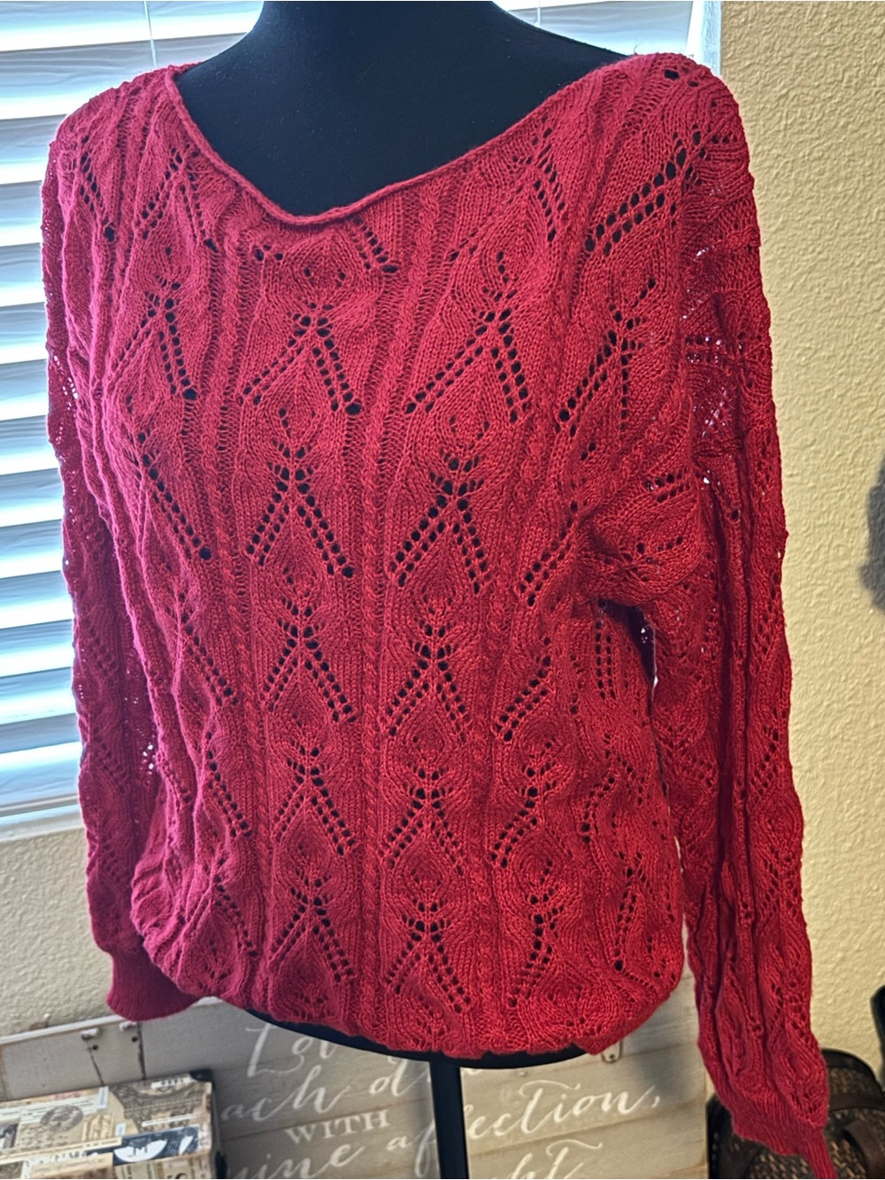 Red Openwork Cable Knit Scoop Neck Sweater